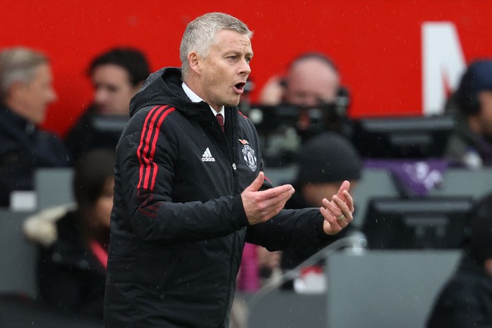 MANCHESTER, ENGLAND - NOVEMBER 06: Ole Gunnar Solskjaer, Manager of Manchester United reacts during the Premier League match between Manchester United and Manchester City at Old Trafford on November 06, 2021 in Manchester, England. (Photo by Clive Brunskill/Getty Images)