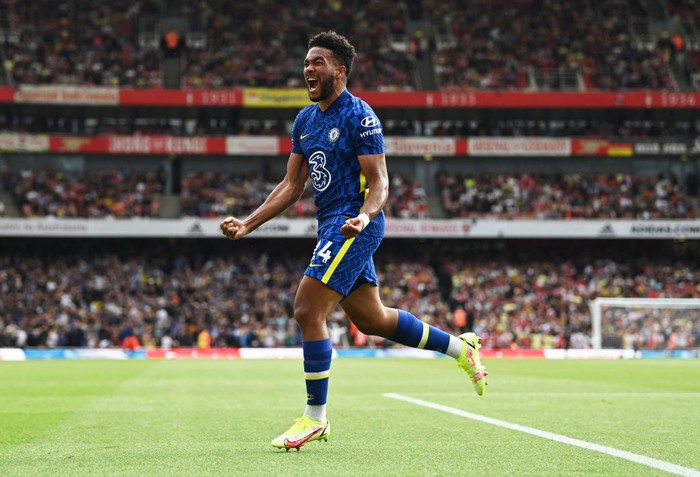 Reece James LONDON, ENGLAND - AUGUST 22: Reece James of Chelsea celebrates after scoring the second goal during the Premier League match between Arsenal and Chelsea at Emirates Stadium on August 22, 2021 in London, England. (Photo by Shaun Botterill/Getty Images)