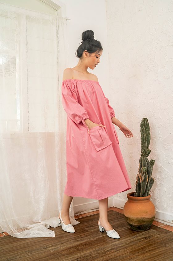 Cottonink x Anazsiantar - Pink Sarwat Gathered dress with Big Pocket