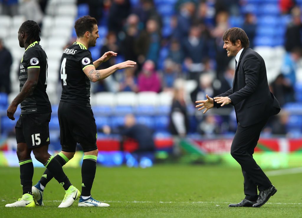 LONDON, ENGLAND - MAY 15: Antonio Conte, Manager of Chelsea speaks to Cesc Fabregas of Chelsea after the Premier League match between Chelsea and Watford at Stamford Bridge on May 15, 2017 in London, England.  (Photo by Richard Heathcote/Getty Images)