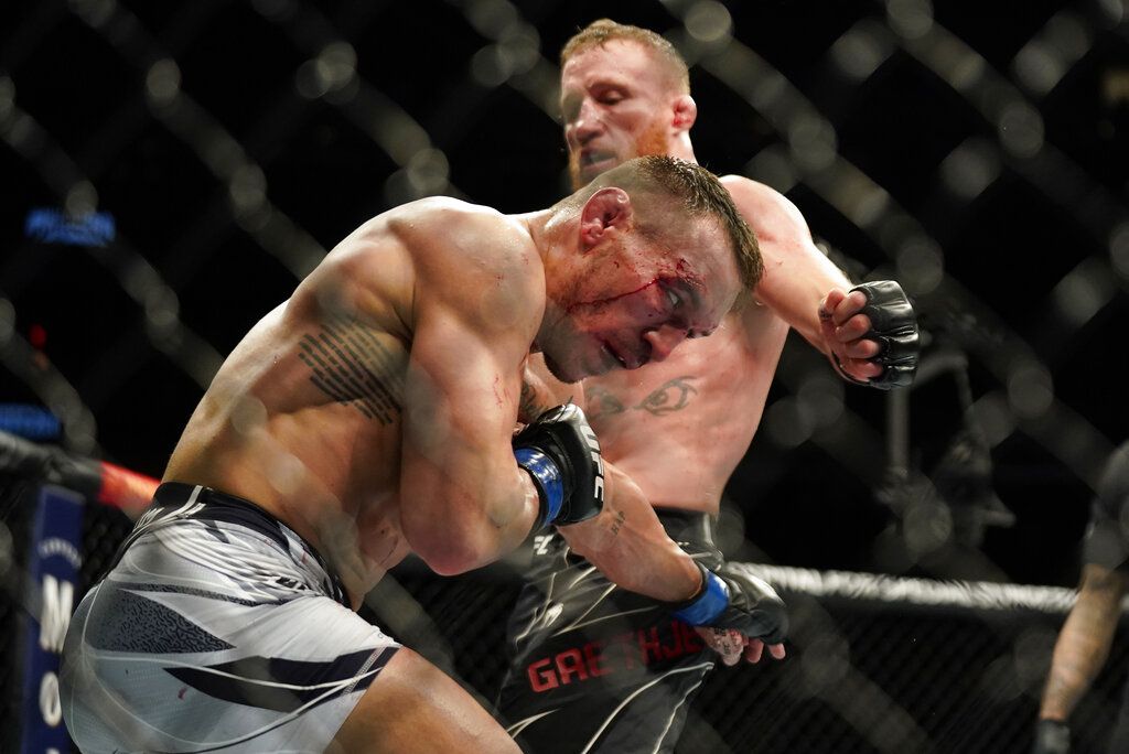 Justin Gaethje before fighting Michael Chandler during a lightweight mixed martial arts bout at UFC 268, Saturday, Oct. 6, 2021, in New York. (AP Photo/Corey Sipkin)