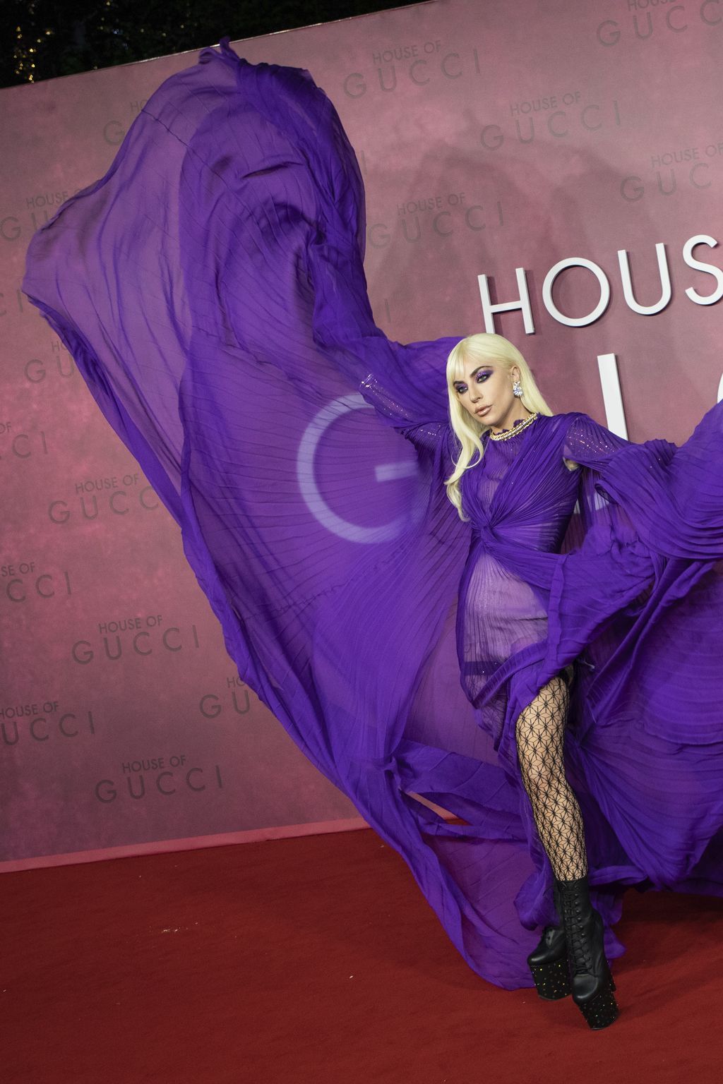 Lady Gaga poses for photographers upon arrival at the World premiere of the film 'House of Gucci' in London Tuesday, Nov. 9, 2021. (Photo by Vianney Le Caer/Invision/AP)