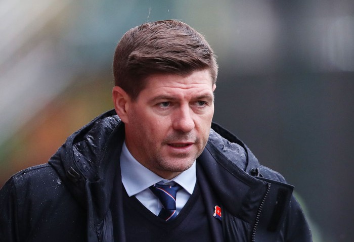 MOTHERWELL, SCOTLAND - OCTOBER 31: Steven Gerrard, Manager of Rangers FC is seen wearing a remembrance poppy badge as he arrives at the stadium prior to the Cinch Scottish Premiership match between Motherwell FC and Rangers FC at Fir Park on October 31, 2021 in Motherwell, Scotland. (Photo by Ian MacNicol/Getty Images)