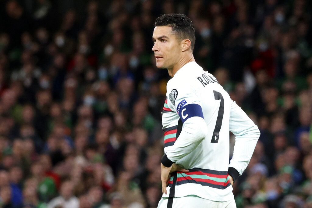 Portugal's Cristiano Ronaldo reacts after failing to score during the World Cup 2022 group A qualifying soccer match between the Republic of Ireland and Portugal at the Aviva stadium in Dublin, Thursday, Nov. 11, 2021. (AP Photo/Peter Morrison)