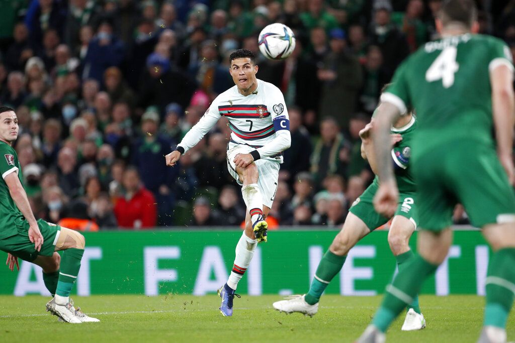 Portugal's Cristiano Ronaldo reacts after a missed chance to score during the World Cup 2022 group A qualifying soccer match between the Republic of Ireland and Portugal at the Aviva stadium in Dublin, Thursday, Nov. 11, 2021. (AP Photo/Peter Morrison)