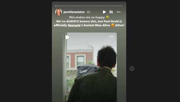 Story Instagram Jennifer Aniston mengucapkan selamat ke Paul Rudd
