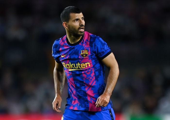BARCELONA, SPAIN - OCTOBER 20: Sergio Aguero of FC Barcelona looks on during the UEFA Champions League group E match between FC Barcelona and Dinamo Kiev at Camp Nou on October 20, 2021 in Barcelona, Spain. (Photo by David Ramos/Getty Images)