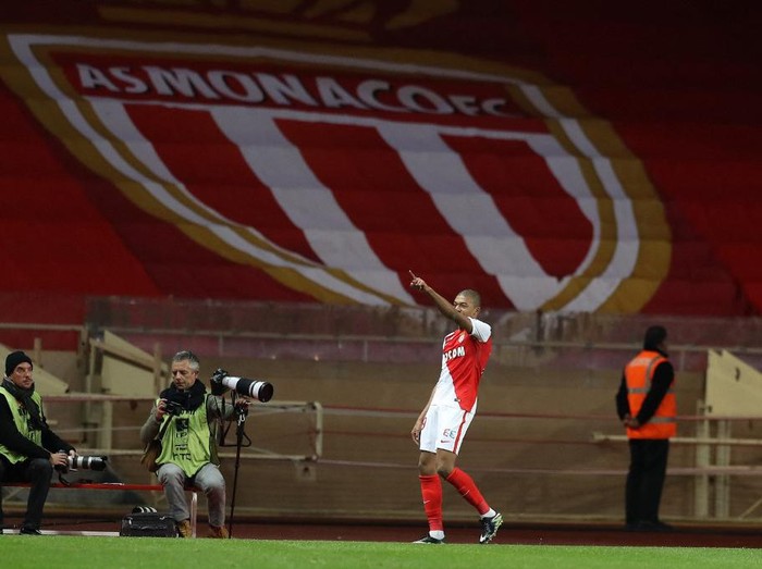 Monaco's French forward Kylian Mbappe Lottin celebrates after scoring during a French League Cup football match between Monaco (ASM) vs Rennes (SRFC) at the 