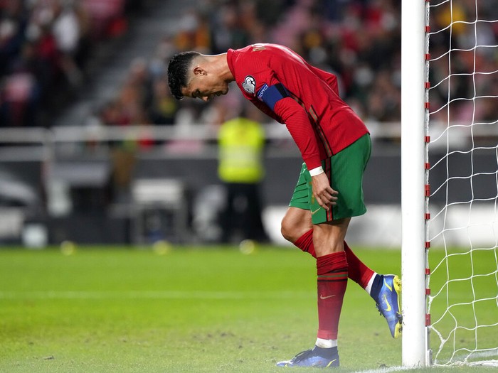 Portugals Cristiano Ronaldo looks out during the World Cup 2022 group A qualifying soccer match between Portugal and Serbia at the Luz stadium in Lisbon, Sunday, Nov 14, 2021. (AP Photo/Armando Franca)