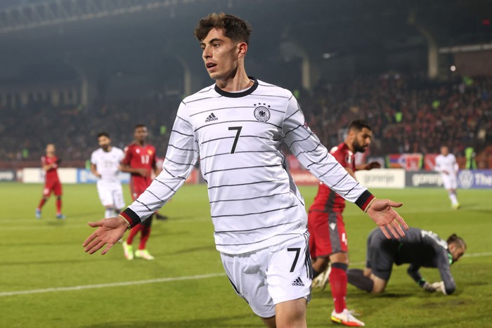 YEREVAN, ARMENIA - NOVEMBER 14: Kai Havertz of Germany celebrates after scoring their sides first goal during the 2022 FIFA World Cup Qualifier match between Armenia and Germany at Vazgen Sargsyan Republican Stadium on November 14, 2021 in Yerevan, . (Photo by Alexander Hassenstein/Getty Images)