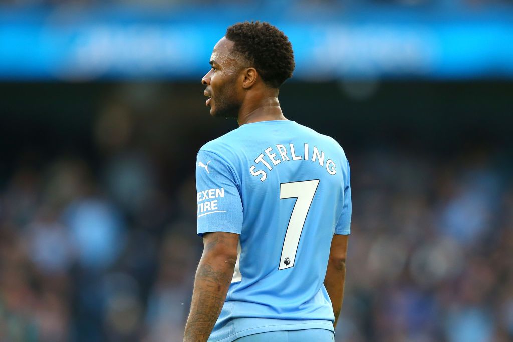 MANCHESTER, ENGLAND - OCTOBER 16: Raheem Sterling of Manchester City looks on during the Premier League match between Manchester City and Burnley at Etihad Stadium on October 16, 2021 in Manchester, England. (Photo by Alex Livesey/Getty Images)