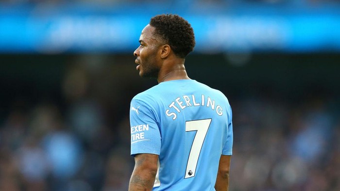 MANCHESTER, ENGLAND - OCTOBER 16: Raheem Sterling of Manchester City looks on during the Premier League match between Manchester City and Burnley at Etihad Stadium on October 16, 2021 in Manchester, England. (Photo by Alex Livesey/Getty Images)