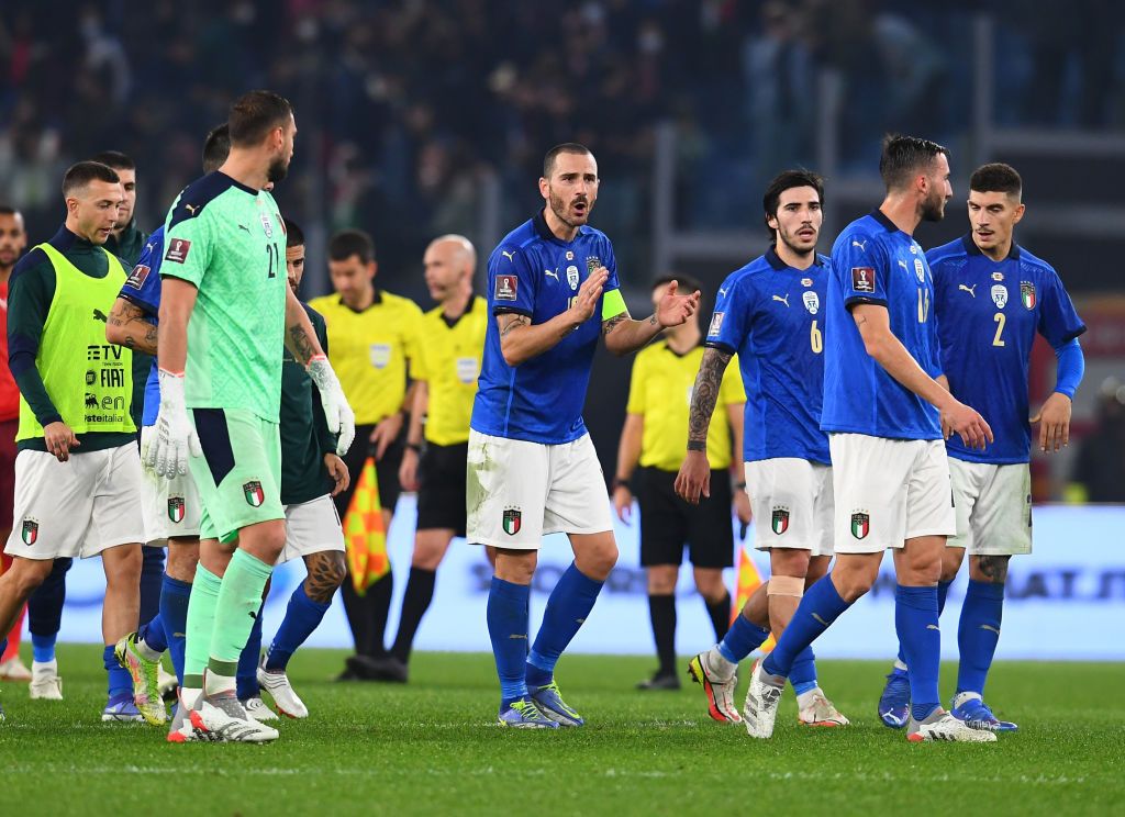 ROME, ITALY - NOVEMBER 12: Leonardo Bonucci of Italy reacts at the end of the 2022 FIFA World Cup Qualifier match between Italy and Switzerland at Stadio Olimpico on November 12, 2021 in Rome, Italy. (Photo by Claudio Villa/Getty Images)