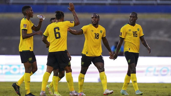 Jamaicas Michail Antonio (18) celebrates scoring his sides first goal against United States during a qualifying soccer match for the FIFA World Cup Qatar 2022 in Kingston, Jamaica, Tuesday, Nov. 16, 2021. (AP Photo/Fernando Llano)