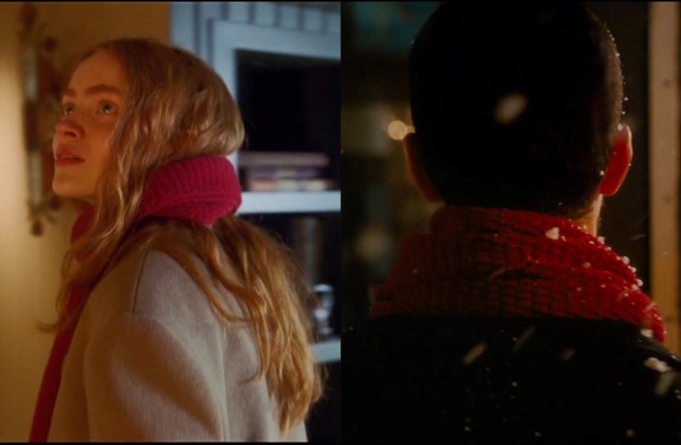 Scarf Merah/ Foto: Tangkapan layar 'All Too Well: The Short Film' Sadie Sink dan Dylan O'Brien pakai scarf merah di 'All Too Well: The Short Film'