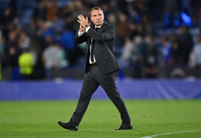 LEICESTER, ENGLAND - SEPTEMBER 16: Brendan Rogers, Manager of Leicester City applauds the fans after the UEFA Europa League group C match between Leicester City and SSC Napoli at The King Power Stadium on September 16, 2021 in Leicester, England. (Photo by Shaun Botterill/Getty Images)