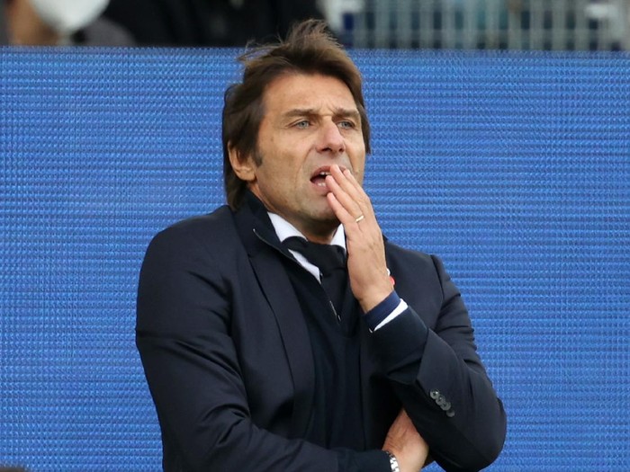 LIVERPOOL, ENGLAND - NOVEMBER 07: Antonio Conte, Manager of Tottenham Hotspur shows his emotions during the Premier League match between Everton and Tottenham Hotspur at Goodison Park on November 07, 2021 in Liverpool, England. (Photo by Clive Brunskill/Getty Images)