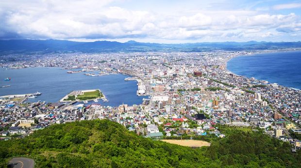 Top view of Hakkodate roofs  from mount Hakodate at the beginiing of Hokkaido,  Japan. This place is famous for night view, one of the best in Japan.