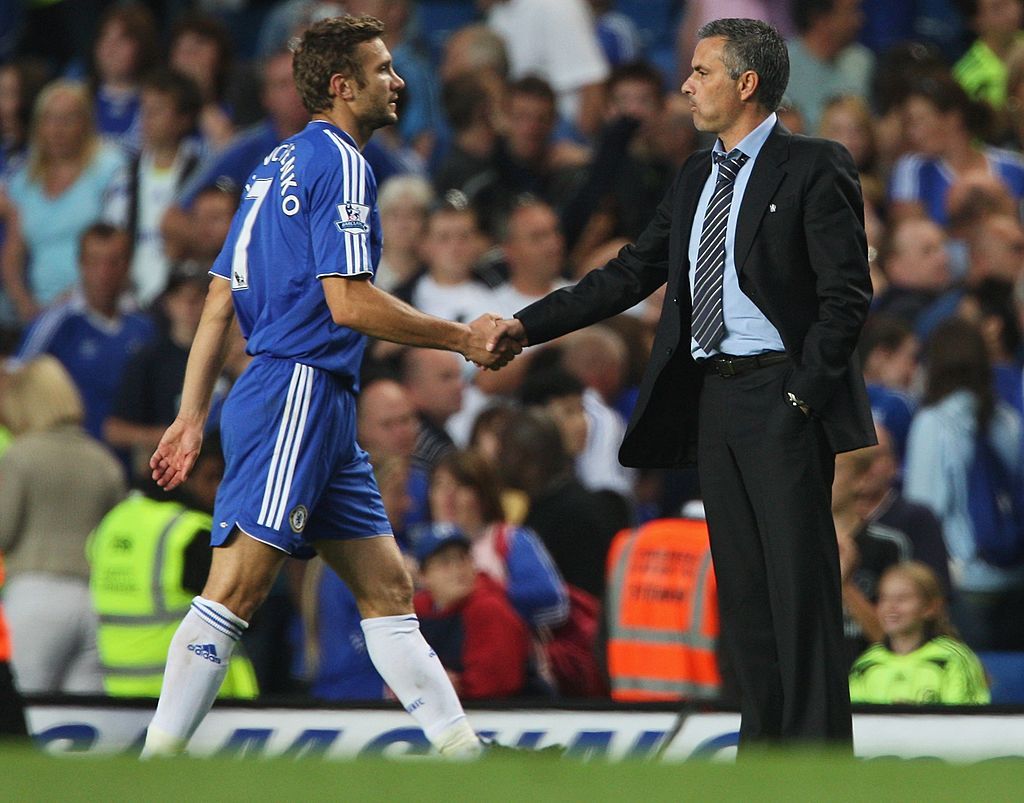 LIVERPOOL, UNITED KINGDOM - JANUARY 20:  Andriy Shevchenko of Chelsea walks off the pitch past Chelsea Manager Jose Mourinho at the end of the Barclays Premiership match between Liverpool and Chelsea at Anfield on January 20, 2007 in Liverpool, England. (Photo by Clive Mason/Getty Images)