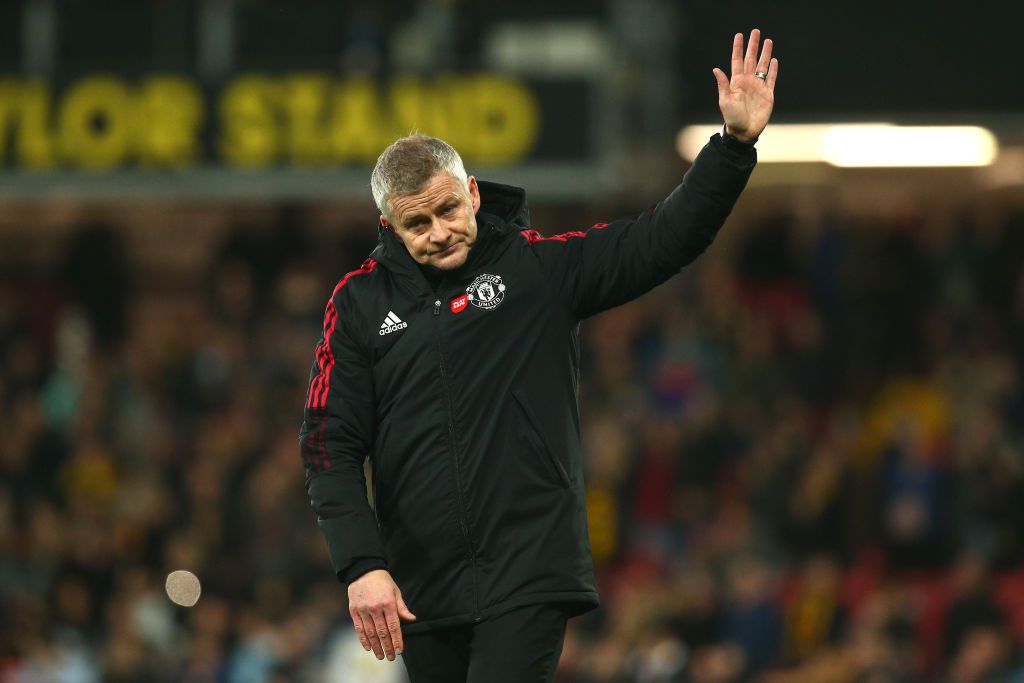 WATFORD, ENGLAND - NOVEMBER 20: Ole Gunnar Solskjaer, Manager of Manchester United acknowledges the fans following the Premier League match between Watford and Manchester United at Vicarage Road on November 20, 2021 in Watford, England. (Photo by Charlie Crowhurst/Getty Images)