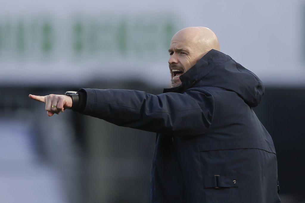 ROTTERDAM, NETHERLANDS - APRIL 18: Ajaxs head coach Erik ten Hag shouts directions to his players during the TOTO KNVB Cup final soccer match between Ajax and Vitesse at De Kuip stadium on April 18, 2021 in Rotterdam, Netherlands. (Photo by Peter Dejong - Pool/Getty Images)