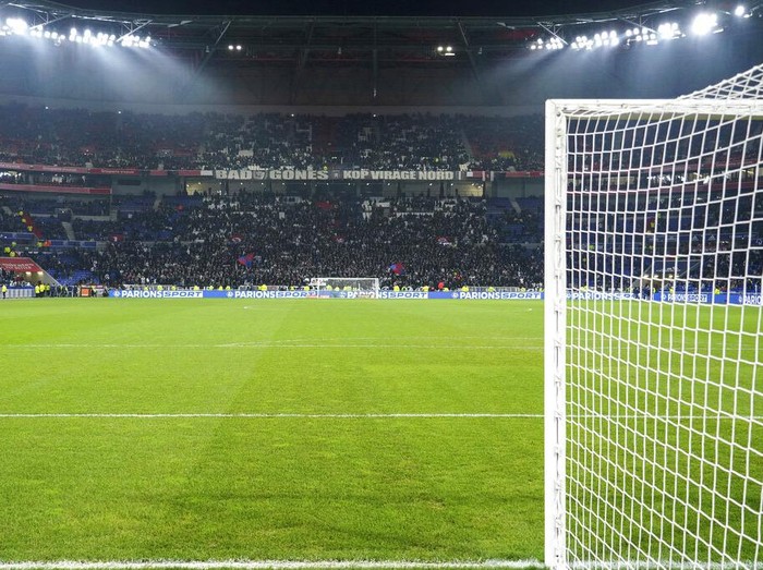 View of the empty field as players left after Marseille's Dimitri Payet was injured by an object thrown by a Lyon supporter during the French League One soccer match between Lyon and Marseille, in Decines, near Lyon, central France, Sunday, Nov. 21, 2021. (AP Photo/Laurent Cipriani)