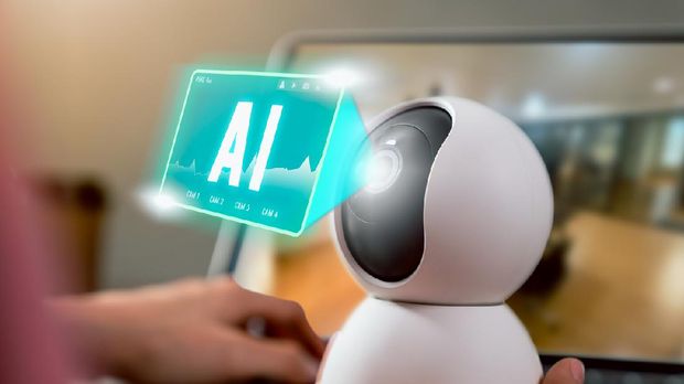 Security CCTV camera, surveillance technology and show application Artificial Intelligence AI tools icon on screen display.