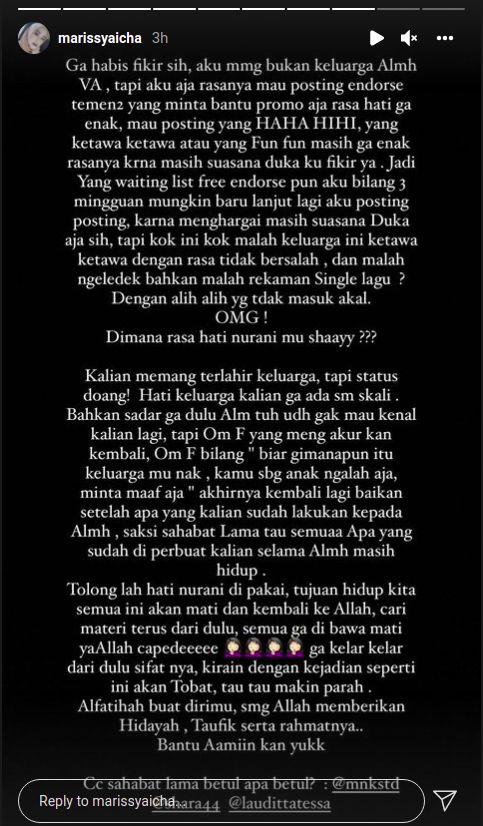 Marissya Icha sindir ayah Vanessa Angel