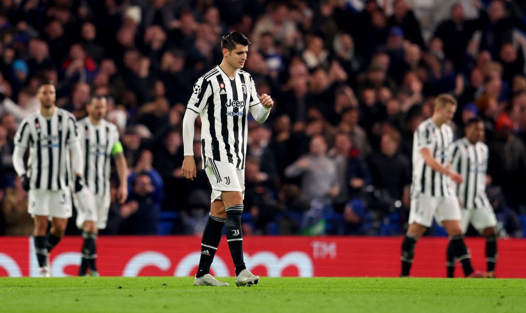 LONDON, ENGLAND - NOVEMBER 23: Alvaro Morata of Juventus reacts after Chelsea's third goal during the UEFA Champions League group H match between Chelsea FC and Juventus at Stamford Bridge on November 23, 2021 in London, England. (Photo by Catherine Ivill/Getty Images)