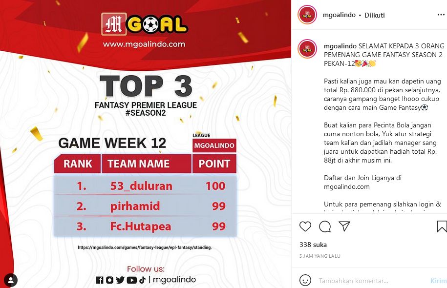 Portal olahraga Mgoalindo baru saja menggelar event EPL Fantasy League Season 2