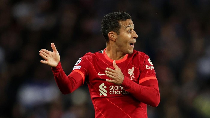 LIVERPOOL, ENGLAND - NOVEMBER 24: Thiago Alcantara of Liverpool shows his emotions during the UEFA Champions League group B match between Liverpool FC and FC Porto at Anfield on November 24, 2021 in Liverpool, England. (Photo by Clive Brunskill/Getty Images)