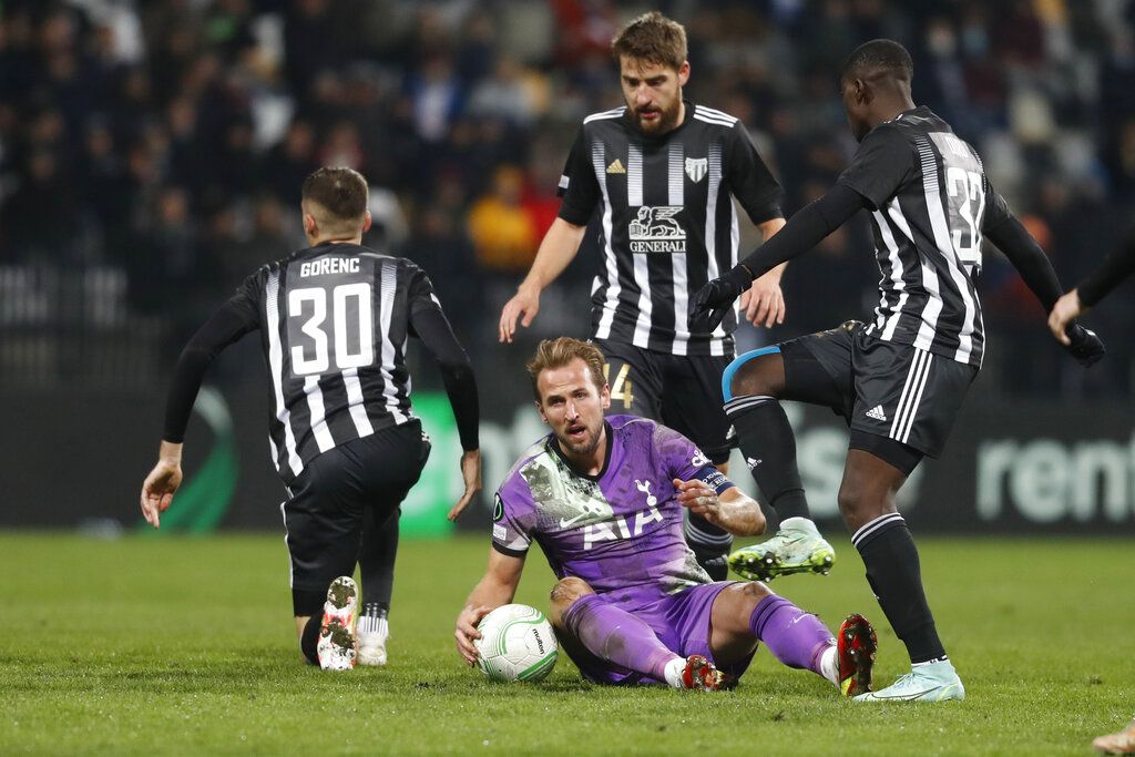 Tottenham's Harry Kane, center, reacts during the Europa Conference League match between Mura and Tottenham Hotspur in Maribor, Slovenia, Thursday, Nov. 25, 2021. (AP Photo)