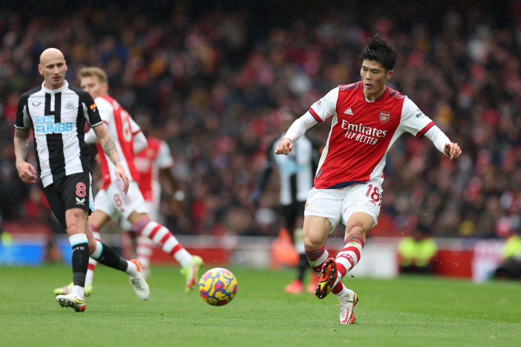LONDON, ENGLAND - NOVEMBER 27: Takehiro Tomiyasu of Arsenal in action during the Premier League match between Arsenal  and  Newcastle United at Emirates Stadium on November 27, 2021 in London, England. (Photo by Richard Heathcote/Getty Images)