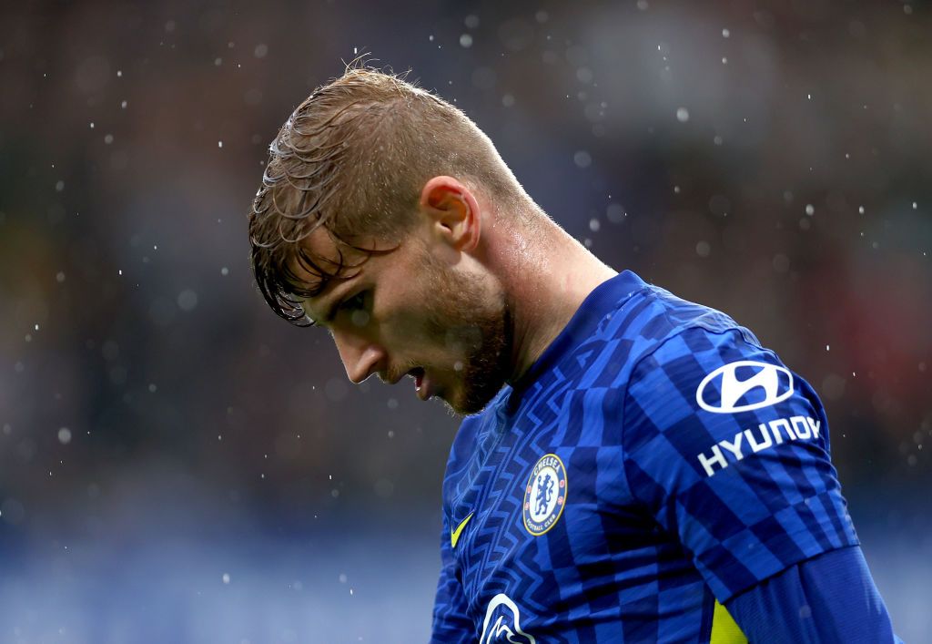 LONDON, ENGLAND - OCTOBER 02: Timo Werner of Chelsea reacts during the Premier League match between Chelsea and Southampton at Stamford Bridge on October 02, 2021 in London, England. (Photo by Clive Rose/Getty Images)