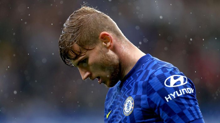 LONDON, ENGLAND - OCTOBER 02: Timo Werner of Chelsea reacts during the Premier League match between Chelsea and Southampton at Stamford Bridge on October 02, 2021 in London, England. (Photo by Clive Rose/Getty Images)