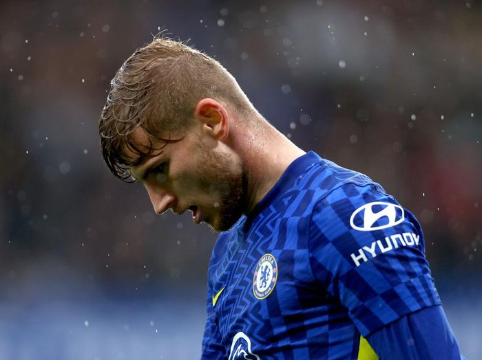 LONDON, ENGLAND - OCTOBER 02: Timo Werner of Chelsea reacts during the Premier League match between Chelsea and Southampton at Stamford Bridge on October 02, 2021 in London, England. (Photo by Clive Rose/Getty Images)