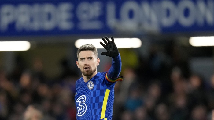 Chelsea's Jorginho celebrates after scoring his side's first goal during the English Premier League soccer match between Chelsea and Manchester United at Stamford Bridge stadium in London, Sunday, Nov. 28, 2021. (AP Photo/Kirsty Wigglesworth)