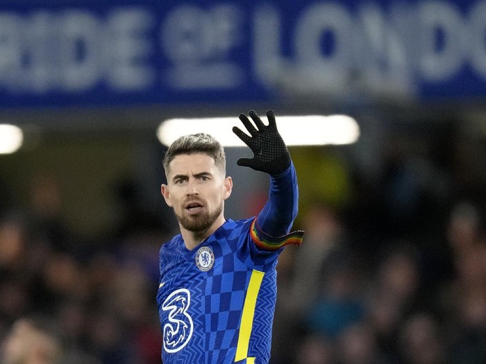 Chelsea's Jorginho celebrates after scoring his side's first goal during the English Premier League soccer match between Chelsea and Manchester United at Stamford Bridge stadium in London, Sunday, Nov. 28, 2021. (AP Photo/Kirsty Wigglesworth)