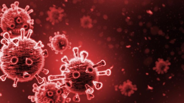 Virus In Red Background - Microbiology And Virology Concept
