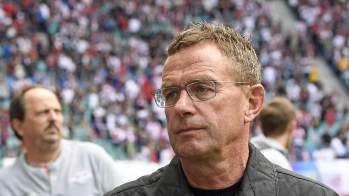 FILE - Leipzigs head coach Ralf Rangnick arrives for the German Bundesliga soccer match between RB Leipzig and SC Freiburg in Leipzig, Germany, on April 27, 2019. German coach Ralf Rangnick has been hired as Manchester United manager until the end of the season. The 63-year-old Rangnick has left his role as head of sports and development at Russian club Lokomotiv Moscow to take charge of the English club, which has been led by former player Michael Carrick since the firing of Ole Gunnar Solskjaer on Nov. 21. (AP Photo/Jens Meyer, File)