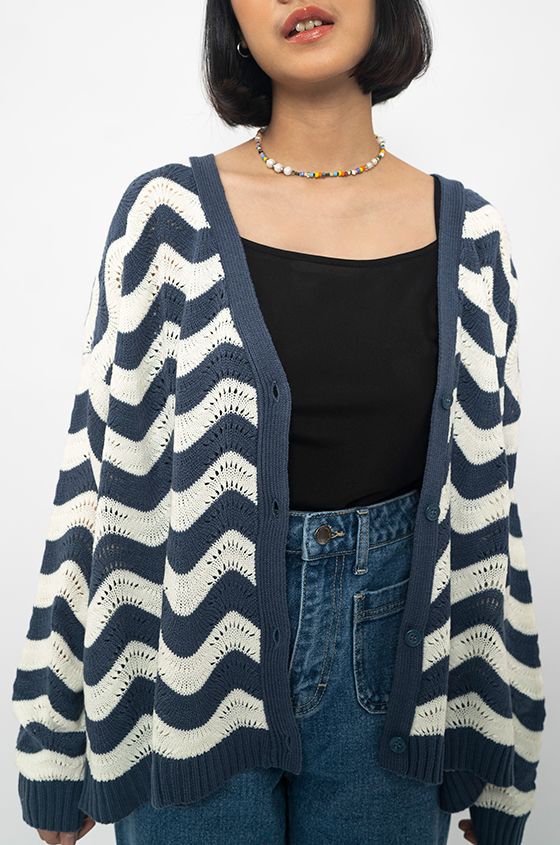 Cottonink - Navy Striped Masic Fancy Knit Cardigan
