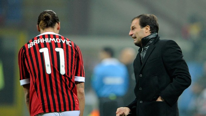 MILAN, ITALY - NOVEMBER 27:  Head coach Massimiliano Allegri and Zlatan Ibrahimovic of AC Milan during the Serie A match between AC Milan v AC Chievo Verona at Stadio Giuseppe Meazza on November 27, 2011 in Milan, Italy.  (Photo by Claudio Villa/Getty Images)