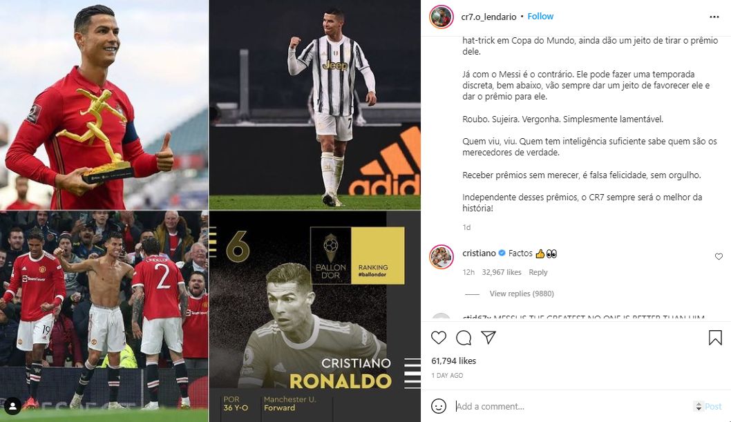Akun Instagram Cristiano Ronaldo kedapatan mengomentari unggahan fans yang menyindir kemenangan Lionel Messi di Ballon d'Or 2021.