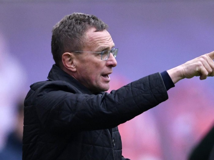 Leipzig's head coach Ralf Rangnick gestures during the German Bundesliga soccer match between RB Leipzig and VfL Wolfsburg in Leipzig, Germany, Saturday, April 13, 2019. Leipzig won by 2-0. (AP Photo/Jens Meyer)