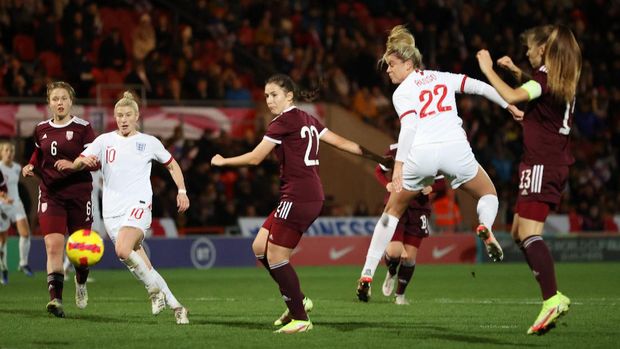 Soccer Football - Women's World Cup Qualifier - Group D - England v Latvia - Keepmoat Stadium, Doncaster, Britain - November 30, 2021 England's Alessia Russo scored their seventeenth goal Action Images via Reuters/Molly Darlington