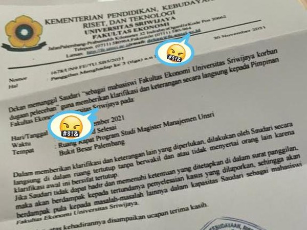 Surat resmi pemanggilan dari Dekanat Unsri berisi dugaan intimidasi terhada mahasiswi pelapor kasus pencabulan. (Dok. Grup WhatsApp/Medsos) Surat resmi pemanggilan dari Dekanat Unsri berisi dugaan intimidasi terhada mahasiswi pelapor kasus pencabulan. (Dok. Grup WhatsApp/Medsos)