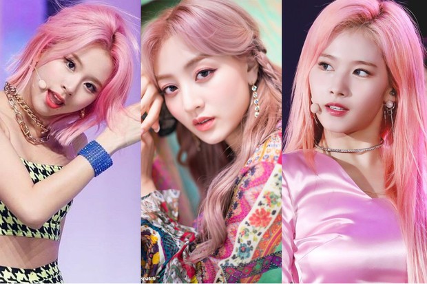 Chaeyoung, Jihyo, Sana dengan rambut pink