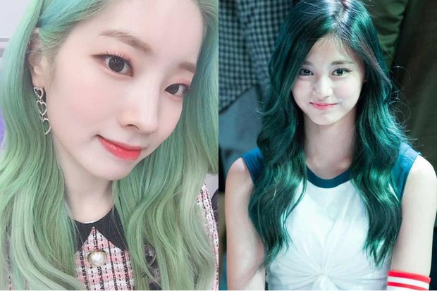 Dahyun dan Tzuyu dengan warna rambut hijau
