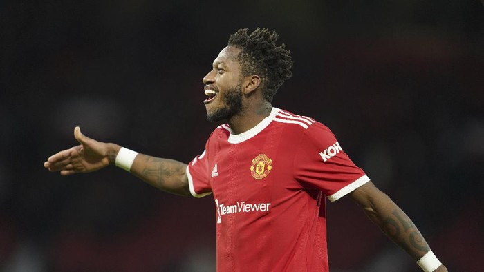 Manchester Uniteds Fred celebrates at the end of the English Premier League soccer match between Manchester United and Crystal Palace at Old Trafford stadium in Manchester, England, Sunday, Dec. 5, 2021. (AP Photo/Jon Super)