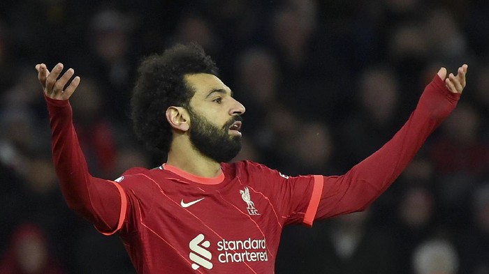 Liverpools Mohamed Salah reacts during the English Premier League soccer match between Wolverhampton Wanderers and Liverpool at the Molineux Stadium in Wolverhampton, England, Saturday, Dec. 4, 2021. (AP Photo/Rui Vieira)